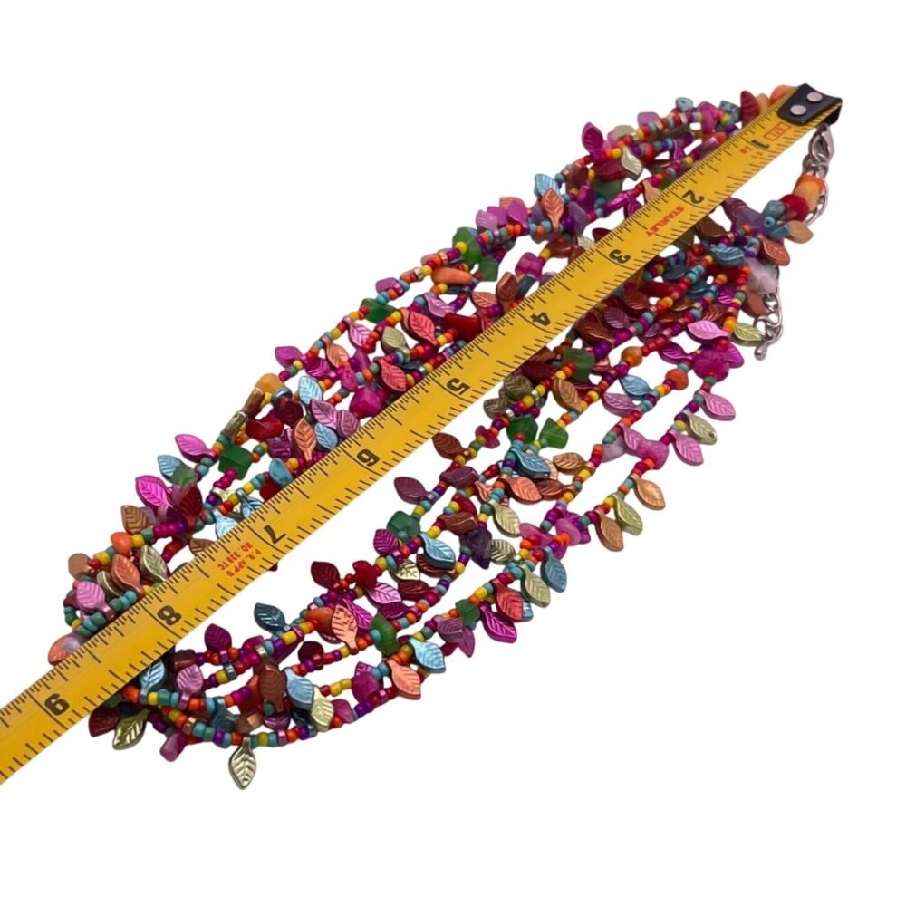 Boho Multi Strand Leaf Beaded Statement Necklace Retro 90s Vibrant Colorful - Picture 4 of 8